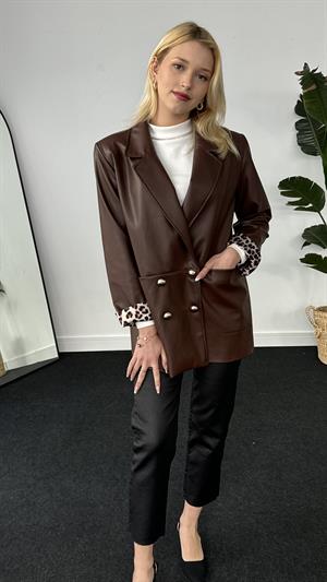 Leopar Garnili Önden Cepli Deri Ceket Kahverengi