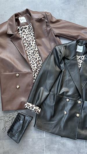 Leopar Garnili Önden Cepli Deri Ceket Siyah 