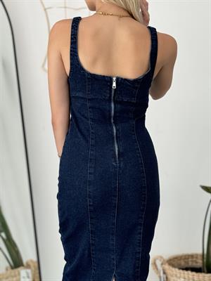 Likralı Askılı Uzun Denim Elbise Kot 