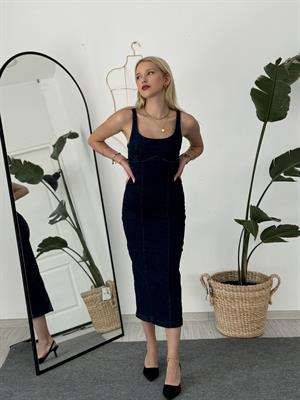 Likralı Askılı Uzun Denim Elbise Kot 