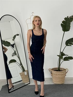 Likralı Askılı Uzun Denim Elbise Kot 