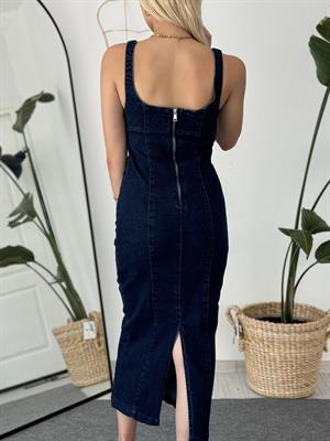 Likralı Askılı Uzun Denim Elbise Kot 