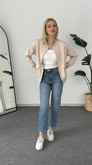 Likralı Cep Detaylı Kolej Ceketi Krem 