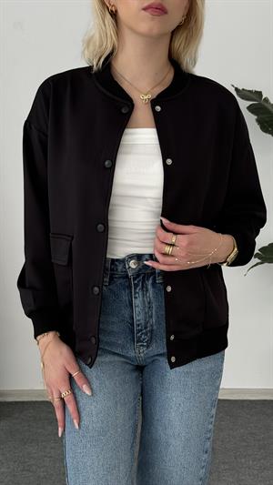 Likralı Cep Detaylı Kolej Ceketi Siyah