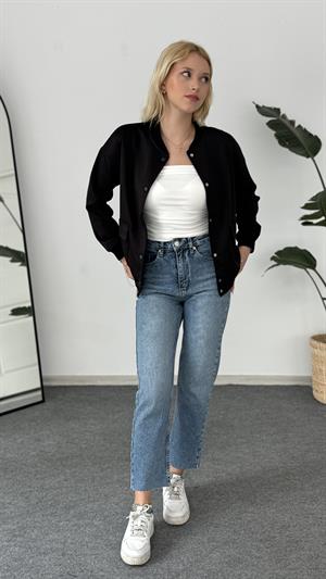 Likralı Cep Detaylı Kolej Ceketi Siyah