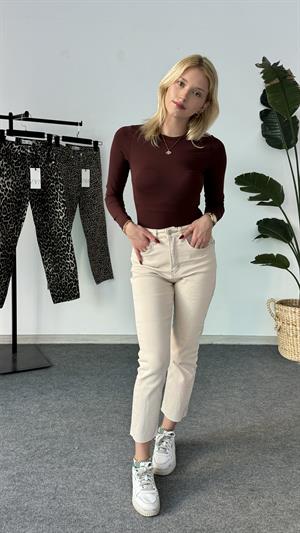 Likralı Kesik Paça Boyfit Jean Bej