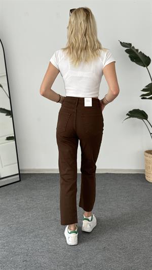 Likralı Kesik Paça Boyfit Jean Kahverengi