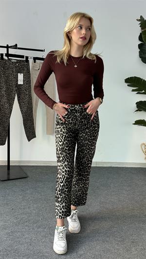 Likralı Kesik Paça Boyfit Jean Leopar Siyah 