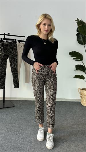 Likralı Kesik Paça Boyfit Jean Leopar Krem  