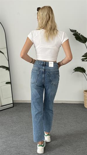 Likralı Kesik Paça Boyfit Jean Mavi