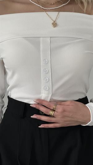 Madonna Yaka Düğme Detaylı Fitilli Uzun Kollu  Crop Beyaz