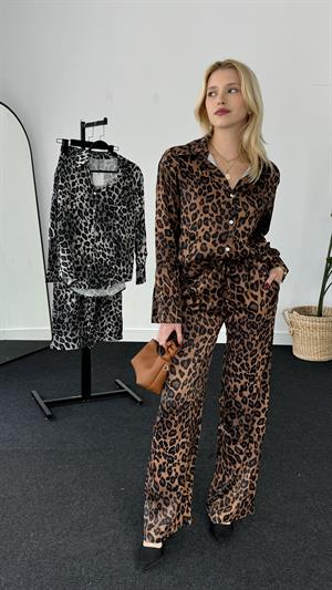 Modal Kumaş Leopar Desenli Beli Lastikli Pantolon Kahverengi