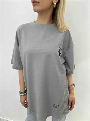 Off Baskılı Tshirt Bisiklet Yaka İki İplik - Gri