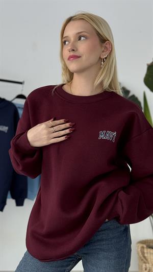 Orjinal Etiketli Üç İplik Şardonlu Mavi Sweat Bordo