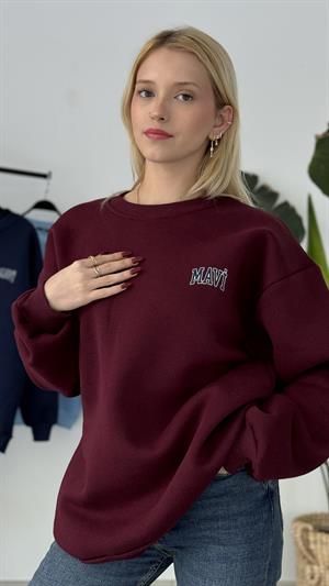 Orjinal Etiketli Üç İplik Şardonlu Mavi Sweat Bordo