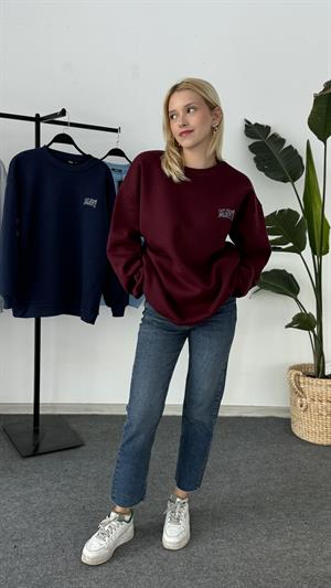 Orjinal Etiketli Üç İplik Şardonlu Mavi Sweat Bordo