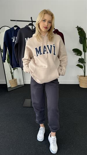 Orjinal Kalıp Üç İplik Şardonlu Mavi Sweati Taş