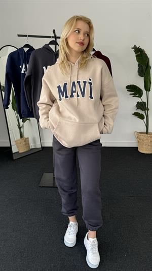 Orjinal Kalıp Üç İplik Şardonlu Mavi Sweati Taş