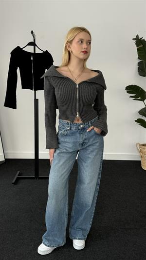 Ottoman Kumaş Madonna Yaka Fermuarlı Crop Antrasit