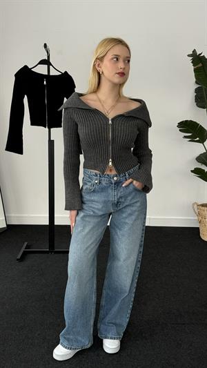 Ottoman Kumaş Madonna Yaka Fermuarlı Crop Antrasit