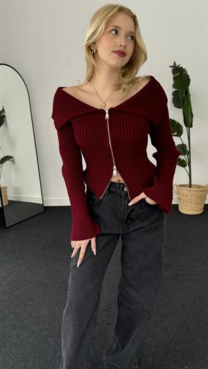 Ottoman Kumaş Madonna Yaka Fermuarlı Crop Bordo