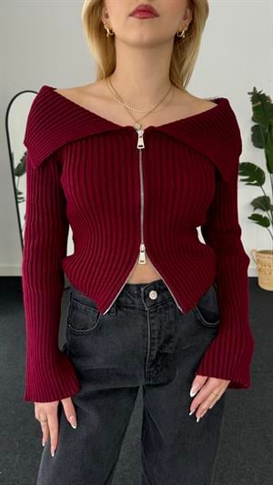 Ottoman Kumaş Madonna Yaka Fermuarlı Crop Bordo