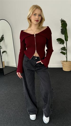 Ottoman Kumaş Madonna Yaka Fermuarlı Crop Bordo