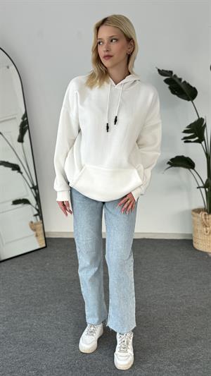 Oversize Kapüşonlu Üç İplik Sweat Beyaz