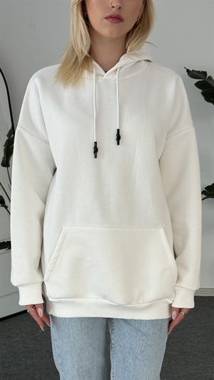 Oversize Kapüşonlu Üç İplik Sweat Beyaz