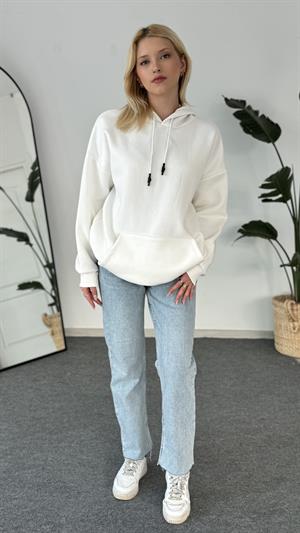 Oversize Kapüşonlu Üç İplik Sweat Beyaz