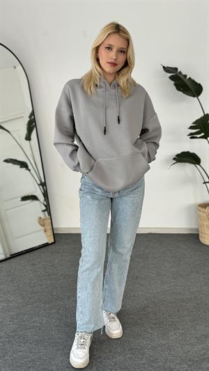 Oversize Kapüşonlu Üç İplik Sweat Gri