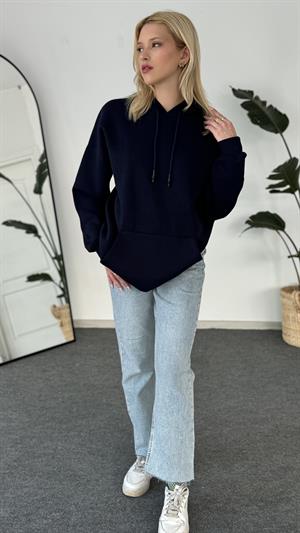 Oversize Kapüşonlu Üç İplik Sweat Lacivert