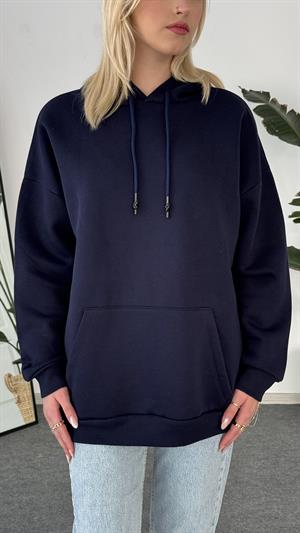 Oversize Kapüşonlu Üç İplik Sweat Lacivert