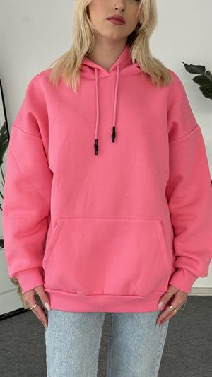Oversize Kapüşonlu Üç İplik Sweat Pembe 