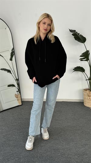 Oversize Kapüşonlu Üç İplik Sweat Siyah