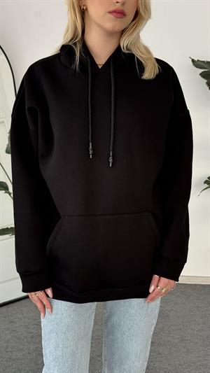 Oversize Kapüşonlu Üç İplik Sweat Siyah