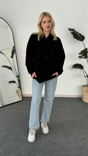 Oversize Kapüşonlu Üç İplik Sweat Siyah
