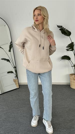 Oversize Kapüşonlu Üç İplik Sweat Taş