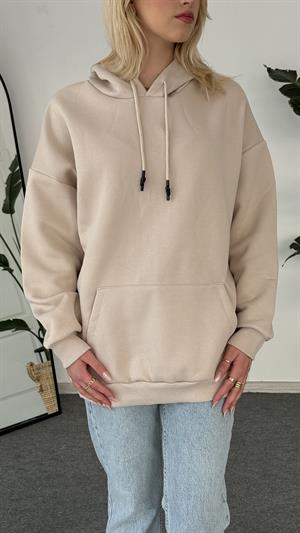 Oversize Kapüşonlu Üç İplik Sweat Taş