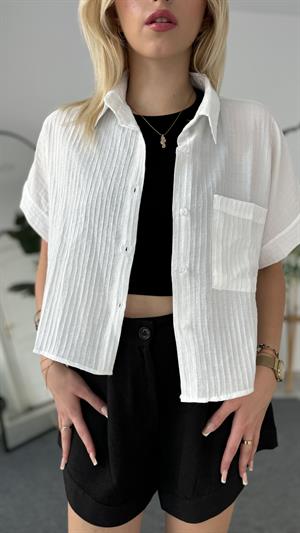 Oversize Kısa Keten Gömlek Beyaz