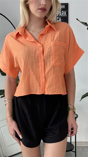 Oversize Kısa Keten Gömlek Turuncu