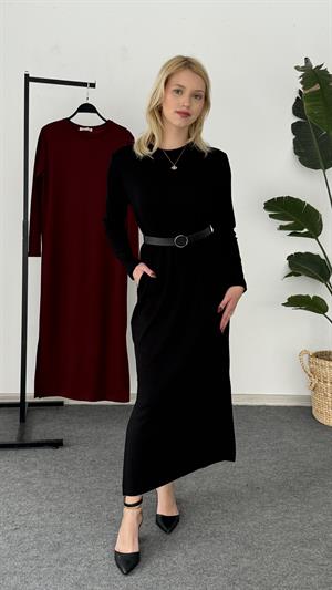 Oysho Kumaş Yırtmaç ve Cep Detaylı Uzun Kollu Elbise Siyah