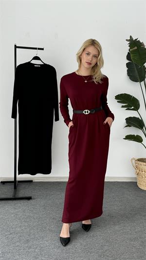 Oysho Kumaş Yırtmaç ve Cep Detaylı Uzun Kollu Elbise Bordo