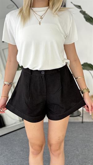 Paça Detaylı Keten Şort Siyah