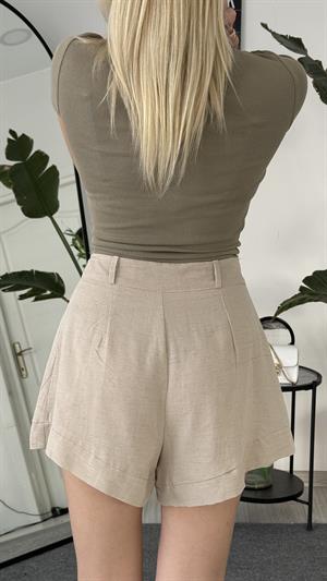 Paça Detaylı Keten Şort Taş