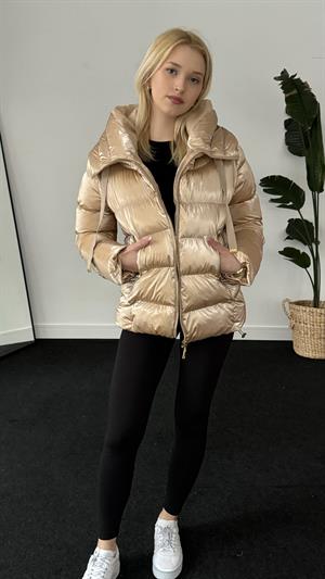 Parlak Kapüşonlu Gold Detay Mont Gold