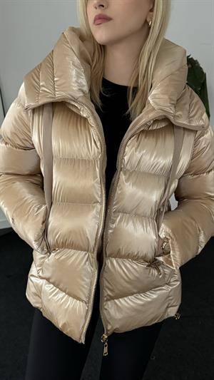 Parlak Kapüşonlu Gold Detay Mont Gold