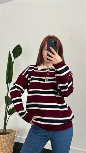 Polo Yaka Çizgi Detay Çelik Triko Bordo 