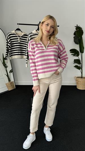 Polo Yaka Fermuarlı Çizgi Detaylı Triko Kazak Pembe 