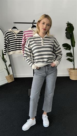 Polo Yaka Fermuarlı Çizgi Detaylı Triko Kazak Gri